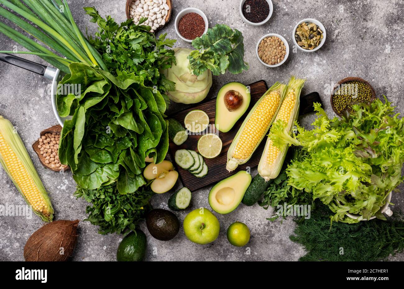 Set raw healthy food clean eating vegetables greens cereals top view ...