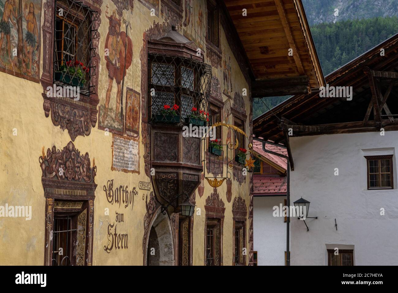 Europe, Austria, Tyrol, Ötztal Alps, Ötztal, Historischer Gasthof Stern in Oetz in the Ötztal Stock Photo