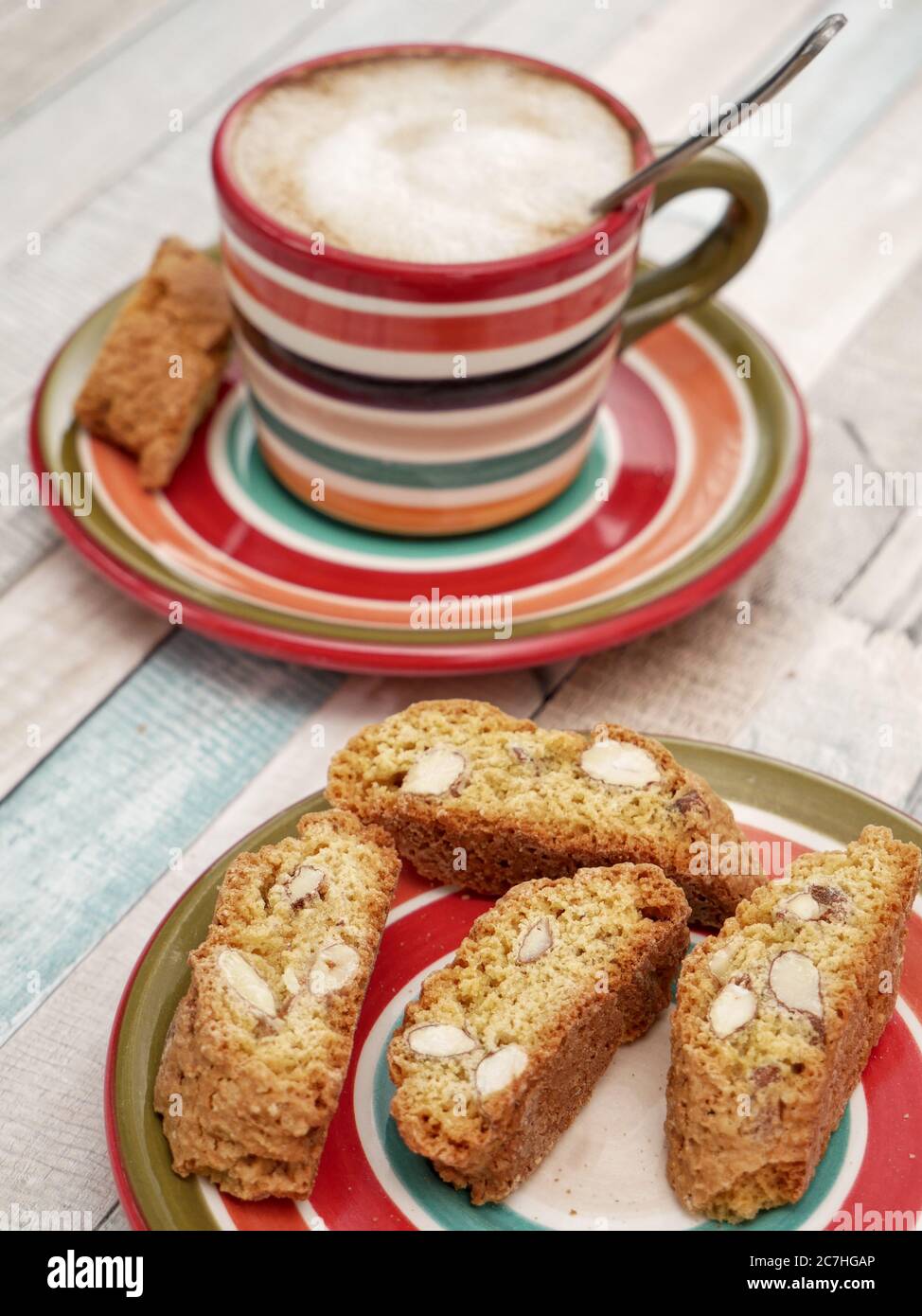 Cappuccino coffee with almond cookies cantucci. Stock Photo