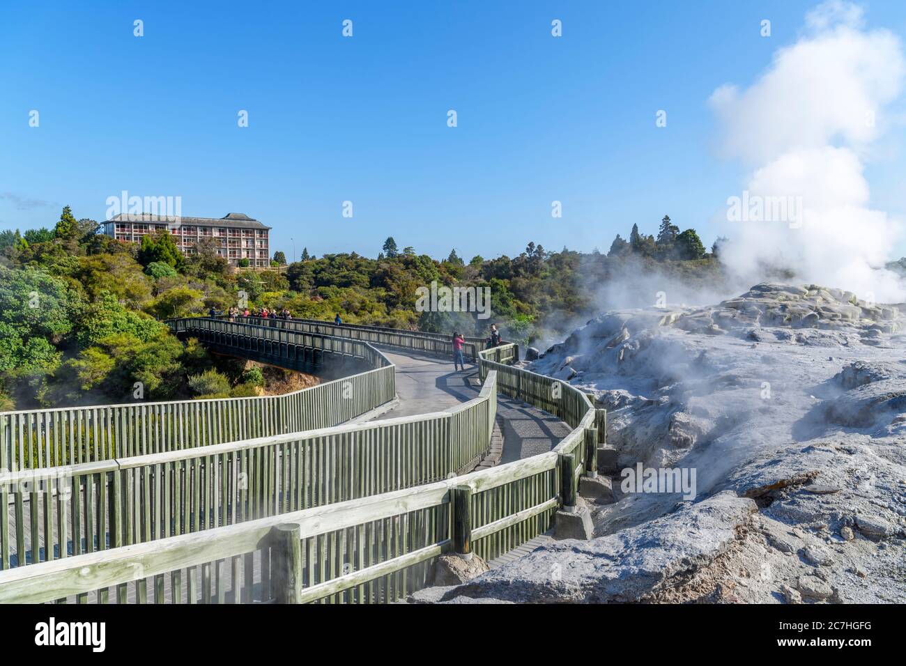 View towards the Pōhutu Geyser, Te Puia, Te Whakarewarewa Geothermal Valley, Rotorua, New Zealand Stock Photo