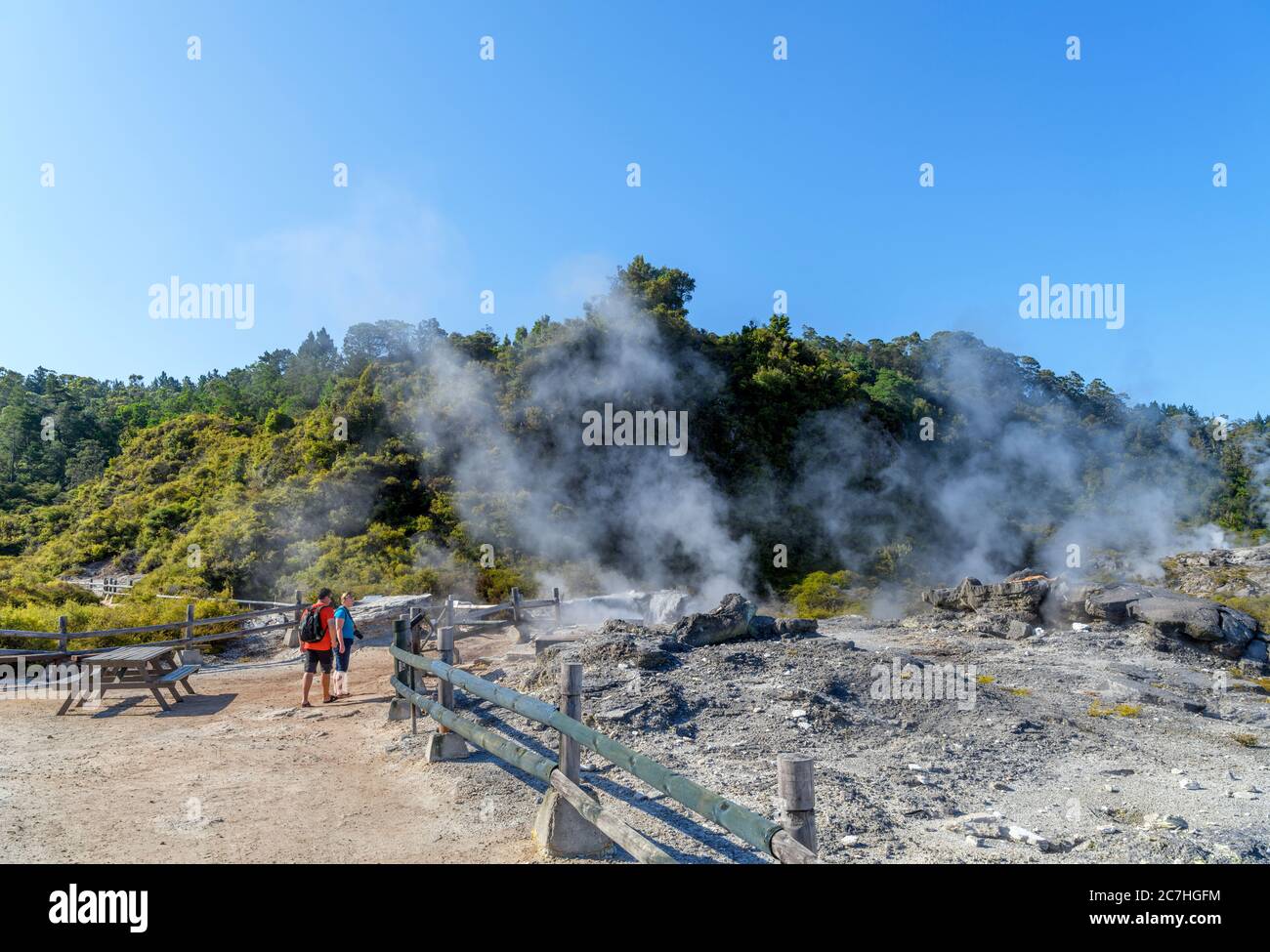 Couple looking at the natural steam vent cooker (He hangi ngawha), Te Puia, Te Whakarewarewa Geothermal Valley, Rotorua, New Zealand Stock Photo