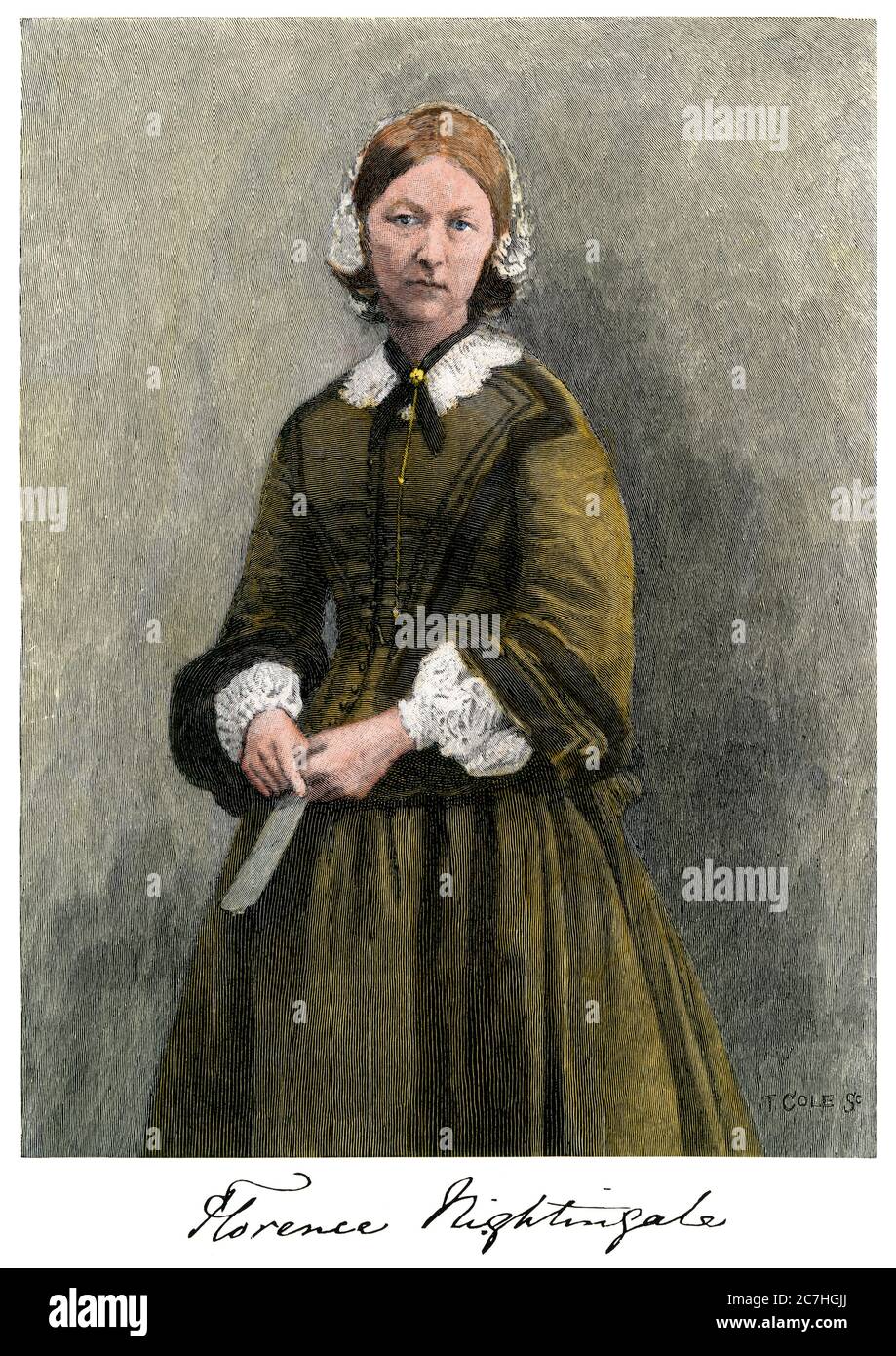 Florence Nightingale, with her autograph. Hand-colored woodcut Stock Photo