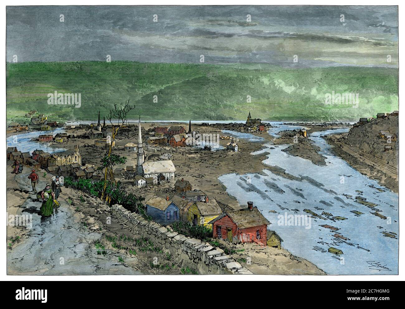 Johnstown PA flood aftermath, 1889. Hand-colored woodcut Stock Photo