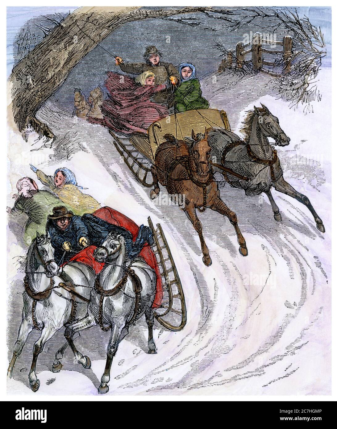 Sleighs racing on a snowy hillside, 1800s. Hand-colored woodcut Stock Photo