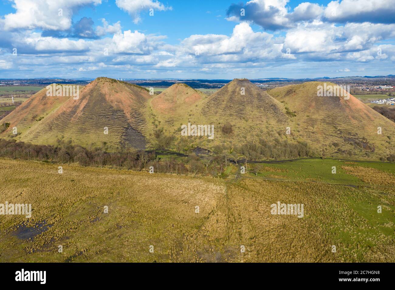 Aerial view of the Five Sisters shale bing, West Calder, West Lothian, Scotland. Stock Photo