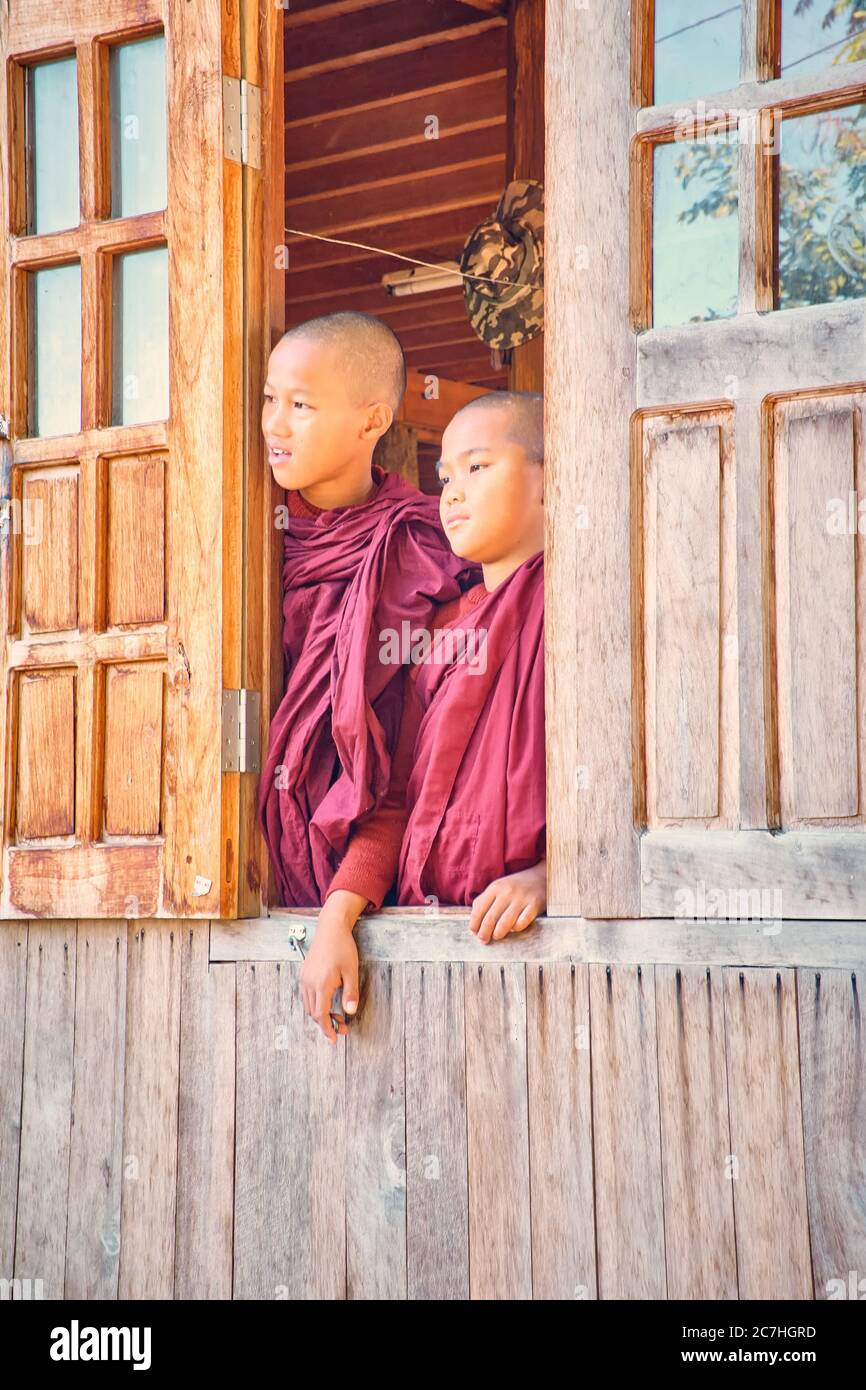 Inle Lake Myanmar, young monks at a Buddhist monastery. January 27, 2017 Stock Photo