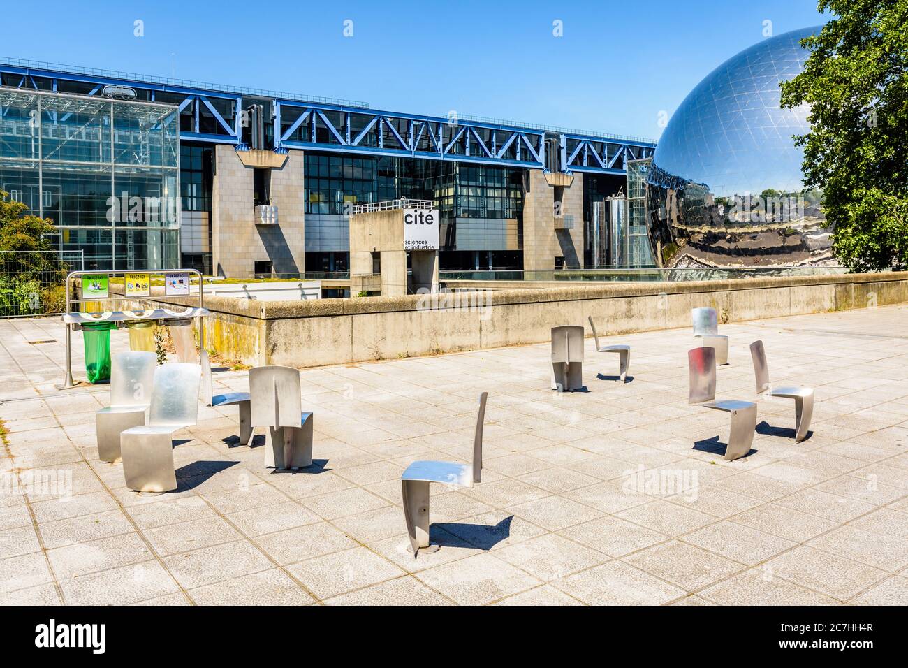 The Cite des Sciences et de l'Industrie building, a science museum, with La Geode spheric theater located in the Parc de la Villette in Paris, France. Stock Photo