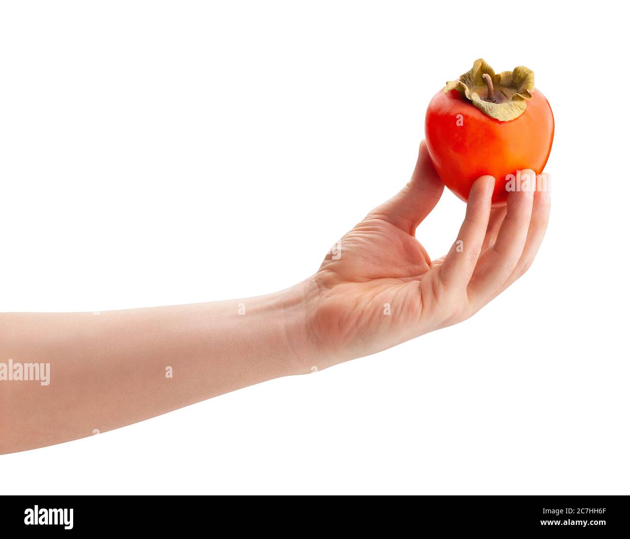 persimmon in hand path isolated on white Stock Photo