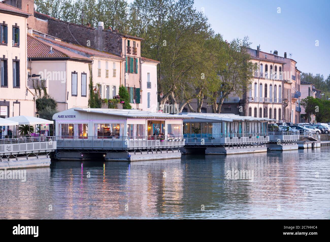 Boat restaurants, Agde, Canal du Midi, Frankreich, France Stock Photo