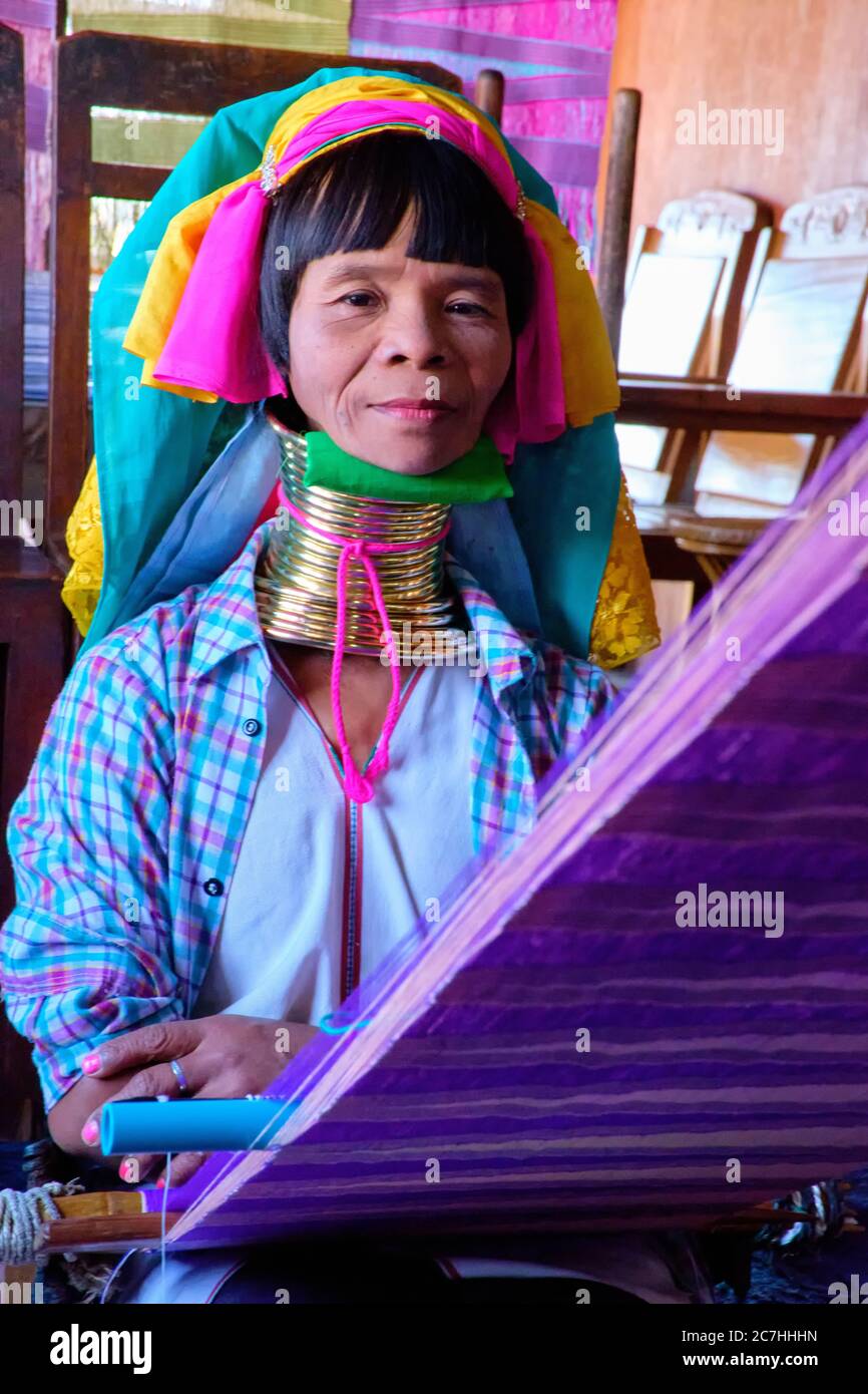 Long necked Kayan Padaung woman weaving January 26, 2017 Stock Photo