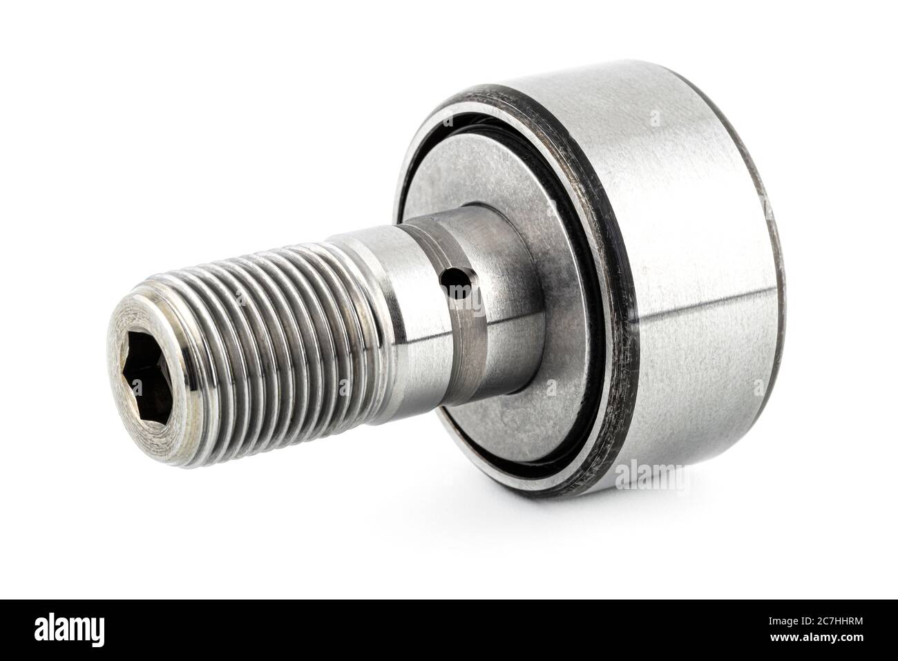 Needle roller bearing, cam follower with visible thread, isolated on a