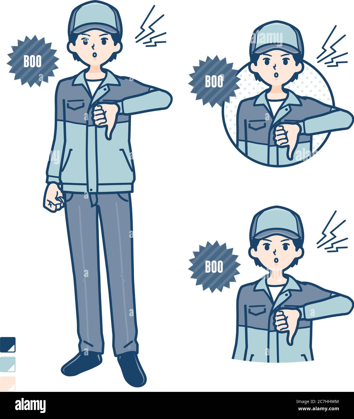 A Man wearing workwear with Booing images. It's vector art so it's easy ...