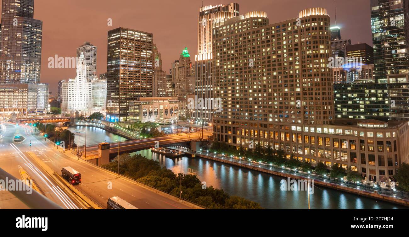 Chicago buildings, towering from street level around Chicago River and