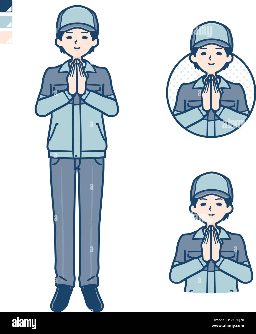 A Man wearing workwear with press hands in prayer images. It's vector art so it's easy to edit. Stock Vector