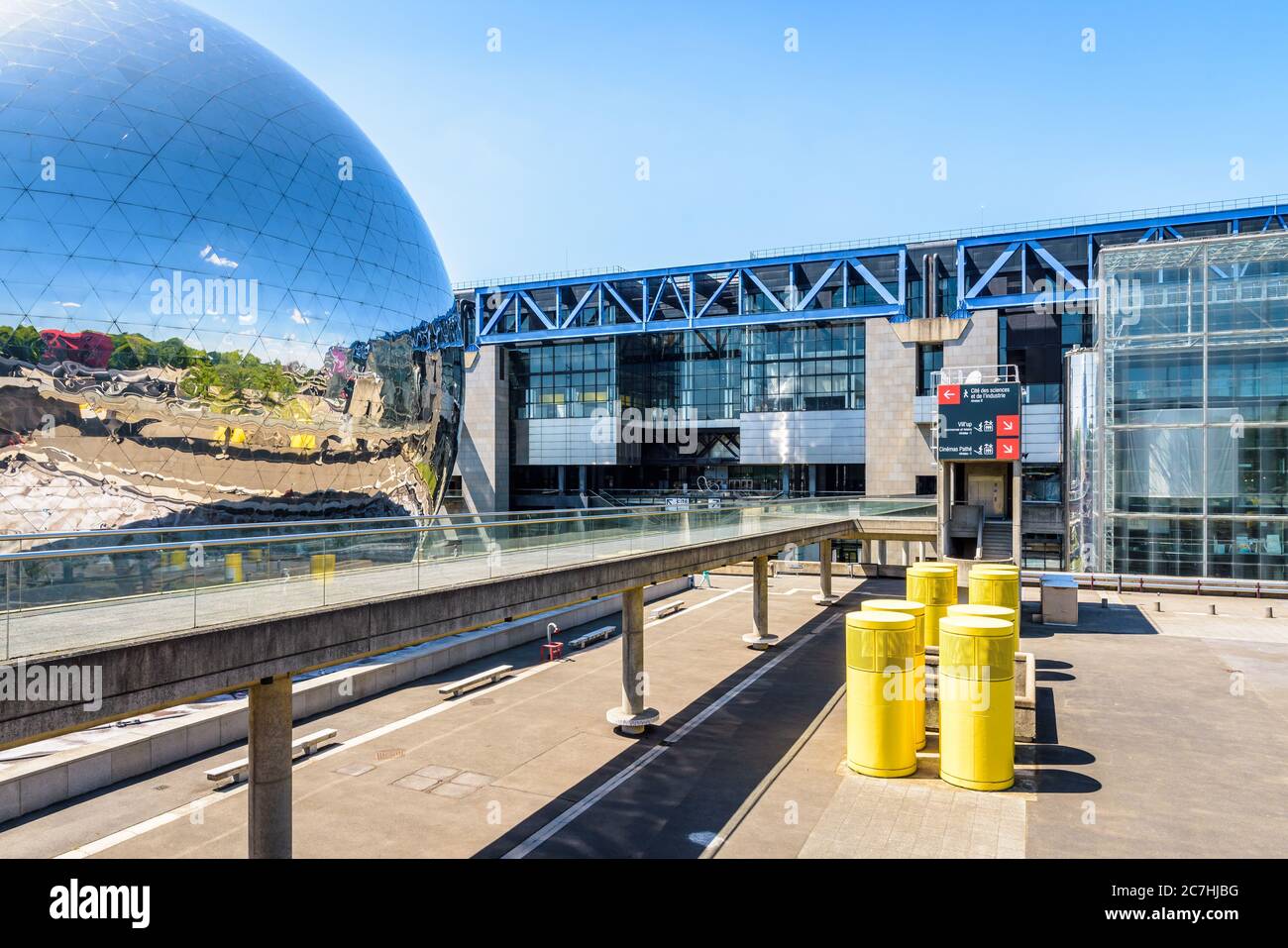 The Cite des Sciences et de l'Industrie, a science museum, and La Geode spheric theater located in the Parc de la Villette in Paris, France. Stock Photo
