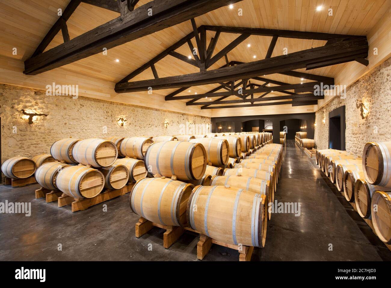 Wine cellar, Chateau Lafon-Rochet, Medoc region Stock Photo
