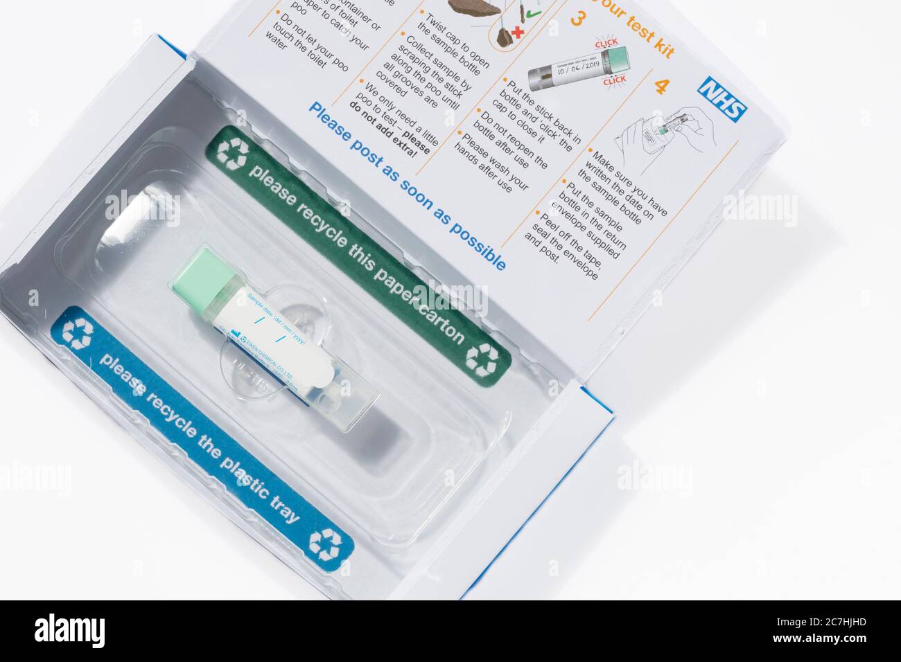 UK NHS Bowel cancer screening kit showing contents and instructions