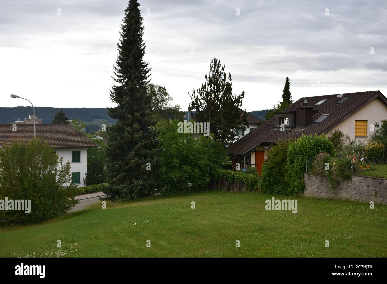 Typical family houses in Switzerland countryside and villages in canton Zurich with gardens full of green vegetables and fruit trees during summer. Stock Photo