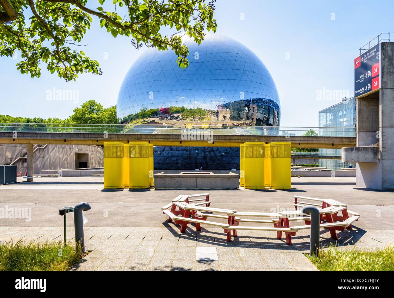 General view of La Geode, a mirror-finished geodesic dome located in the Parc de la Villette in Paris, France, which houses a panoramic movie theater. Stock Photo