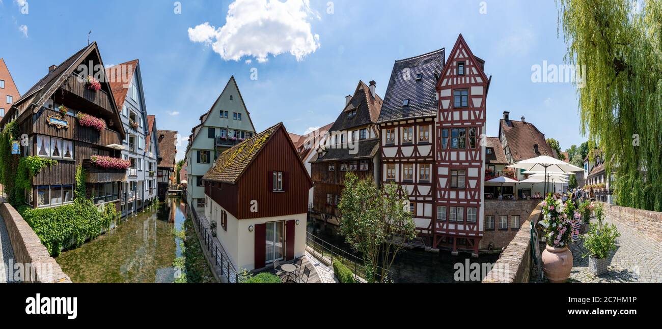 Ulm, BW / Germany - 14 July 2020: panorama view of the historic Fishermen's District in Ulm with resturants and canals Stock Photo