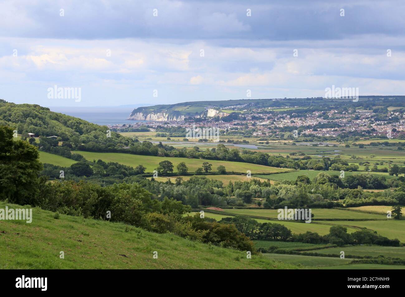 View of River Axe and Seaton from Musbury Castle iron-age hill fort, Devon, England, Great Britain, United Kingdom, UK, Europe Stock Photo