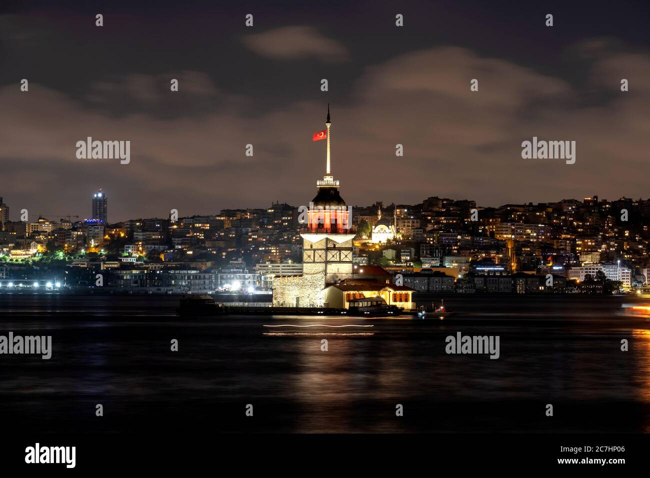 Maiden's Tower with moonset  view. Istanbul, Turkey Stock Photo