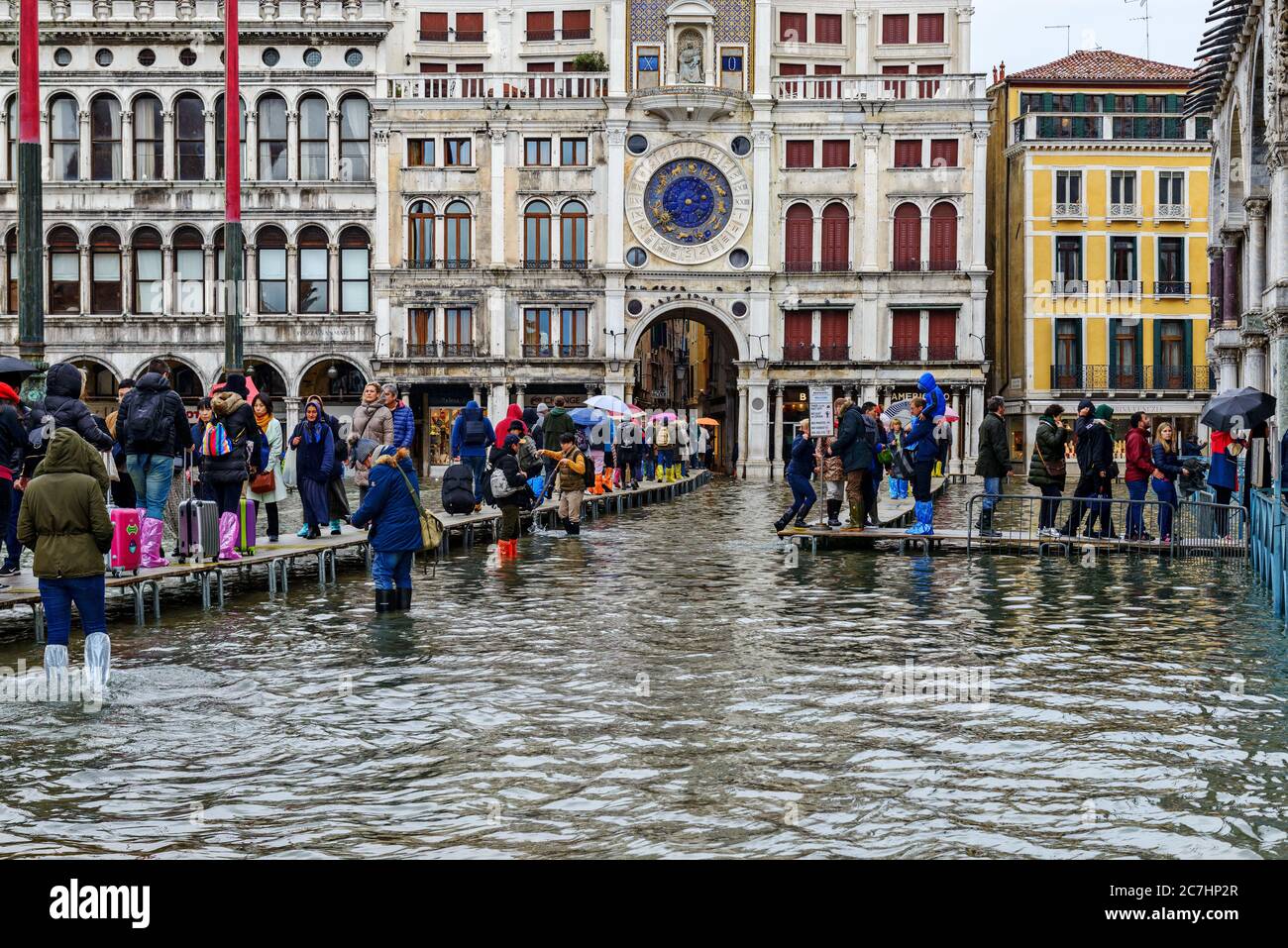 Square, cathedral, church, clock tower, floodgate, footbridges, flood, Aqua Alta, people, rainy weather, flooding Stock Photo