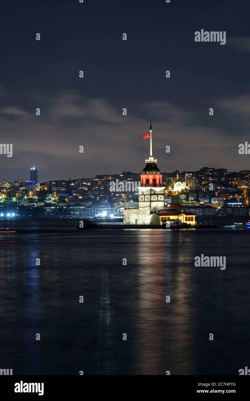 Maiden's Tower with moonset  view. Istanbul, Turkey Stock Photo