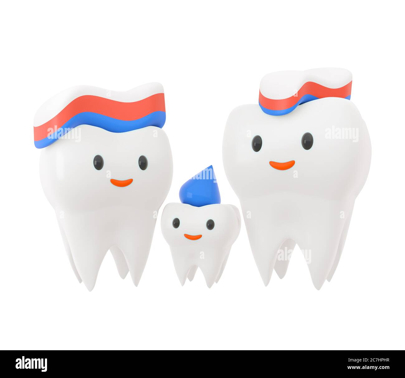 Cute happy smiling family of teeth with toothpaste hairstyle. Clear tooth concept.Brushing teeth