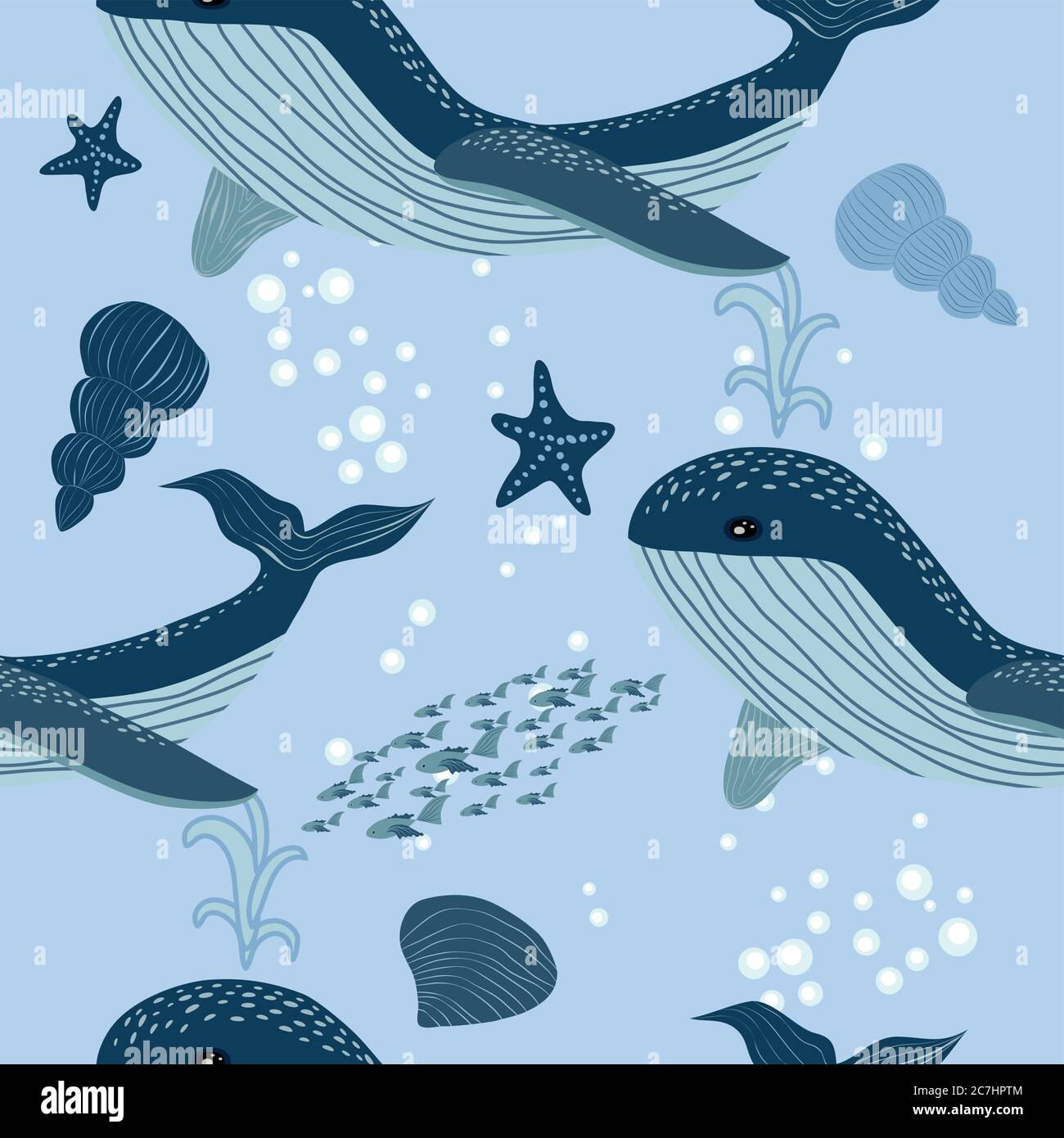 seamless pattern with underwater animals, seaweed and corals. Repeated ...
