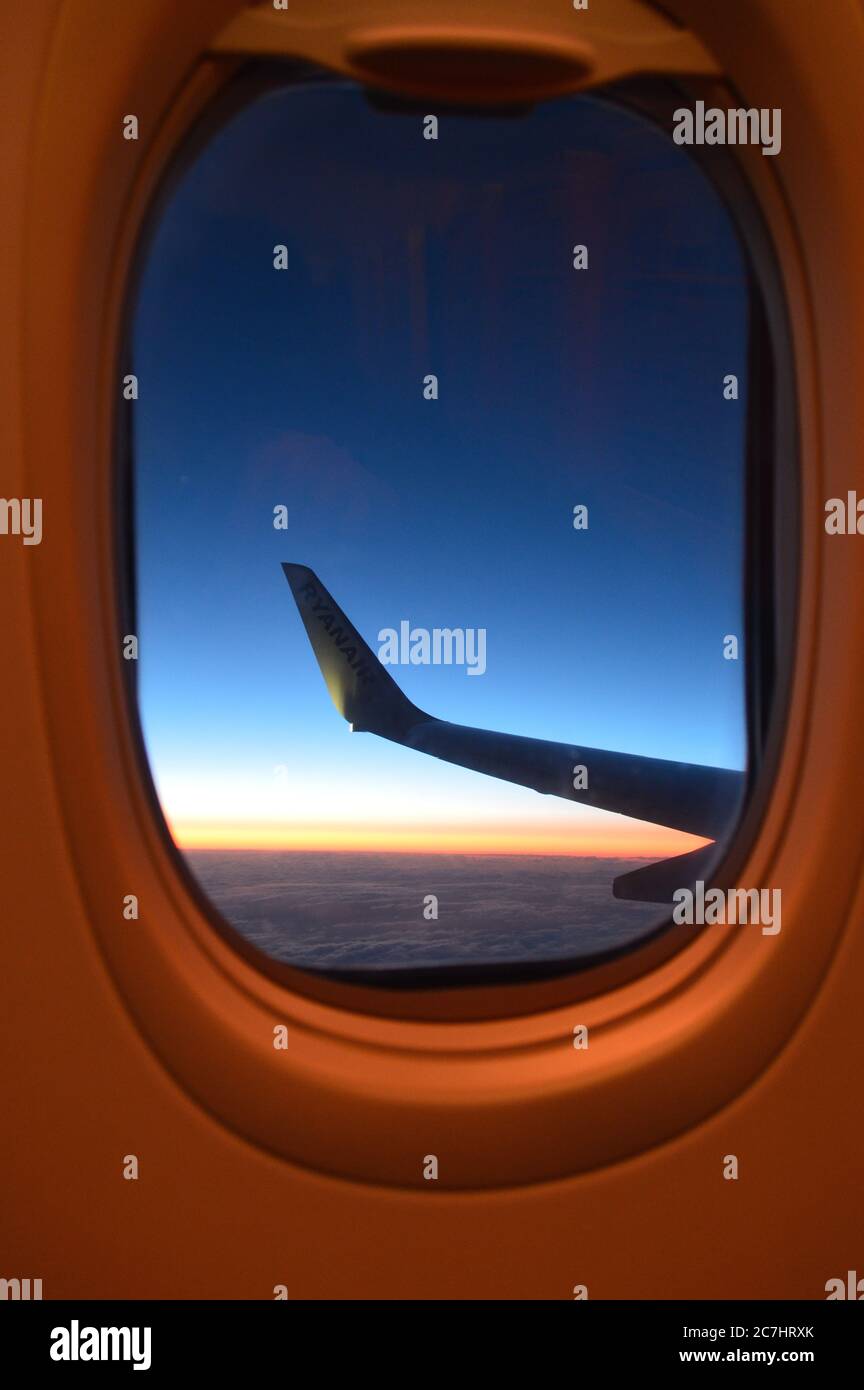 Ryanair Boeing 737 -800 aircraft flies over the Baltic Sea during scheduled flight between Prague - Ruzyne Airport and Skavsta, Sweden. Ryanair operates a fleet of over 450 Boeing 737-800 series aircraft Stock Photo