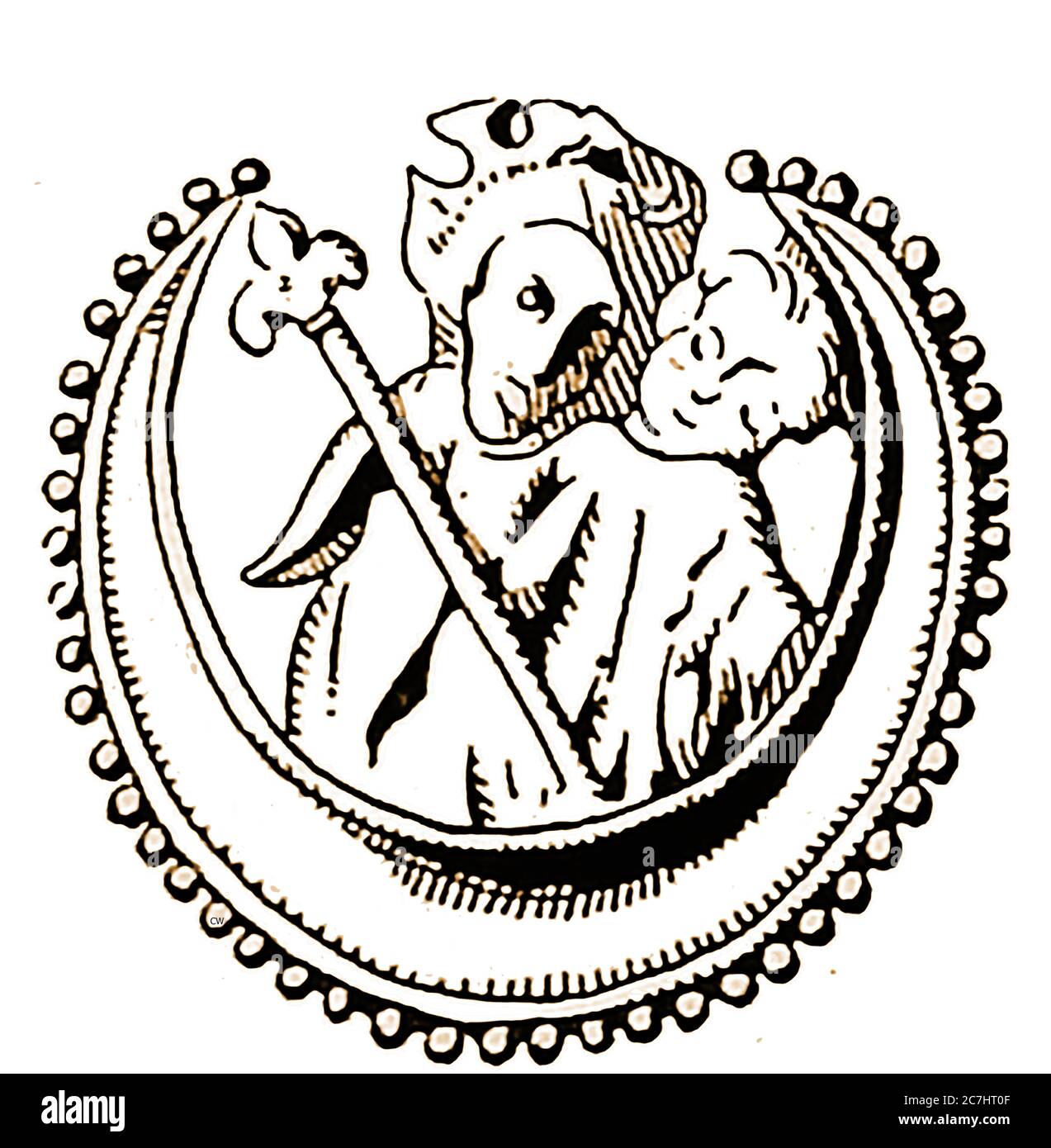 A Medieval pilgrims badge signifying the  sign of Our Lady of Boulogne, a Roman catholic saint with a number of alternate names, e.g.Our Lady of Boulogne-sur-mer, Our Lady Star of the Sea and  Our lady of the Grand Return,Notre-Dame de la Mer. According to legend, in 663 an unmanned boat carrying a luminous statue of the Virgin Mary landed unmanned in the estuary at Boulogne. The statue was placed in the church and soon miracles were reported at the site where a Basilica was later built on the proceeds of pilgrims travelling to the site. Bolougne was one of the most important Merian shrines in Stock Photo