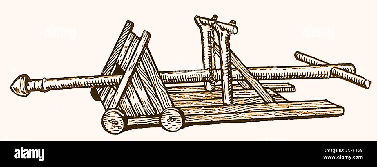 An old illustration of an ancient battering ram used in warfare for demolition of walls, destruction of castle doors etc, especially during sieges. This one (known as a capped ram, using a metal re-enforced tip) was manually operated, though  some were encased  in an arrow-proof, fire-resistant canopy inside which the log could be swung from suspended chains or ropes.  One train of thought is that  the famous children's rhyme, Humpty Dumpty, is about a type of large battering ram used in sieges in the English Civil War. Capped rams were also once used in mining operations. Stock Photo