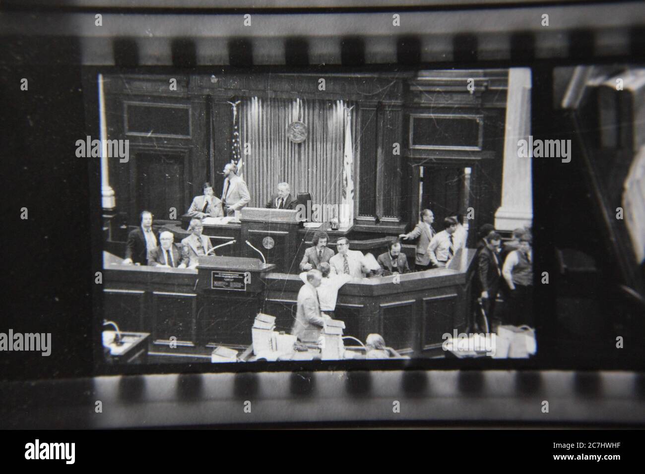 Fine 70s vintage contact print black and white photography of the Illinois House of Representatives while in session. Stock Photo