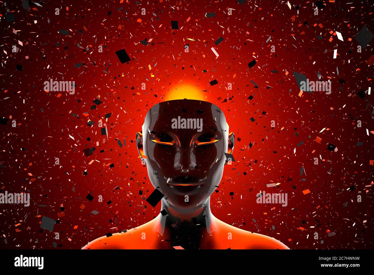 3D illustration of a head dissolving into fragments symbolising either a thinking mind or a artificial intelligence. Stock Photo