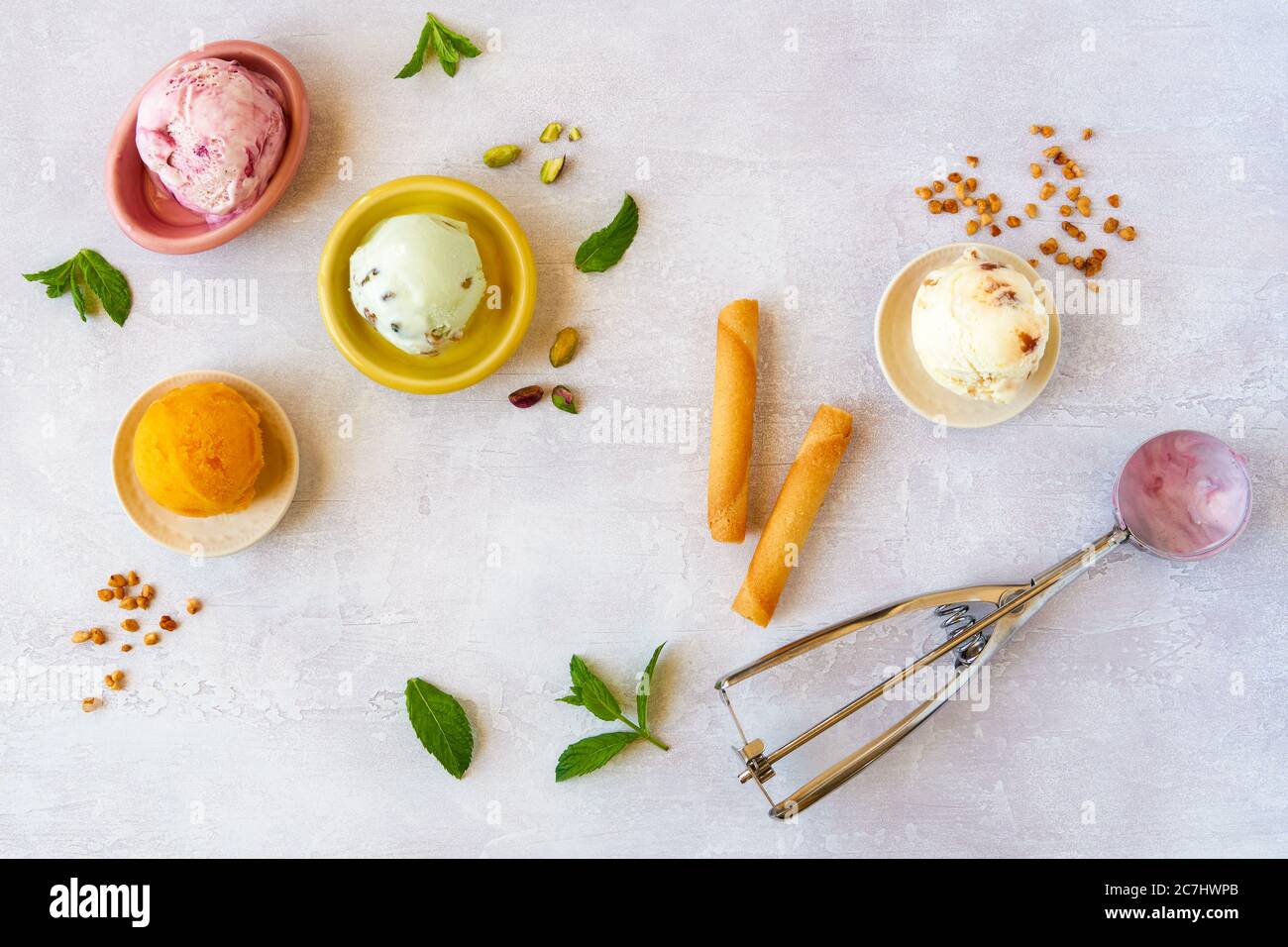 Set of soft ice cream scoops or frozen yogurt, sorbet of different