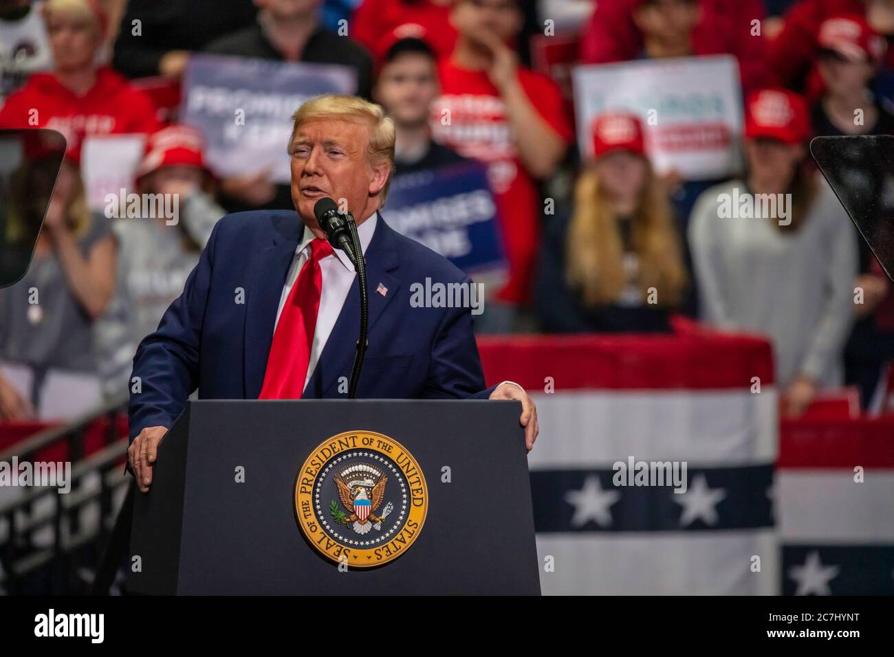 President Trump speaking to his supporters at the rally in the Bojangle's Coliseum Stock Photo