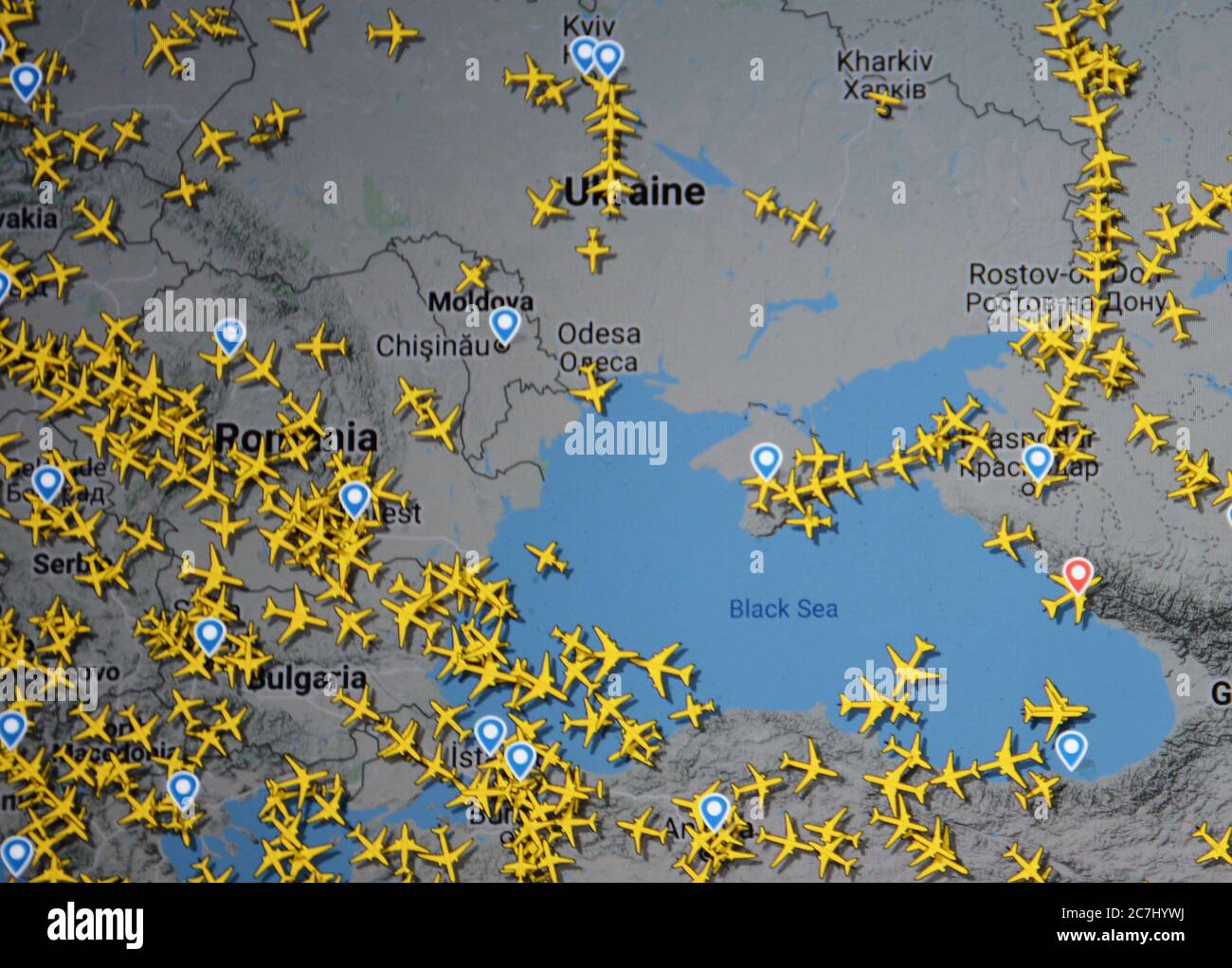 air traffic over Ukraine, Russia and Black sea (17 july 2020, UTC 14.59)   on Internet with Flightradar 24 site, during the Coronavirus Pandemic Stock Photo