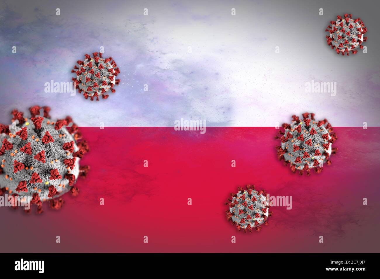 Concept of Coronavirus or Covid-19 particles overshadowing flag of Poland symbolising outbreak. Stock Photo