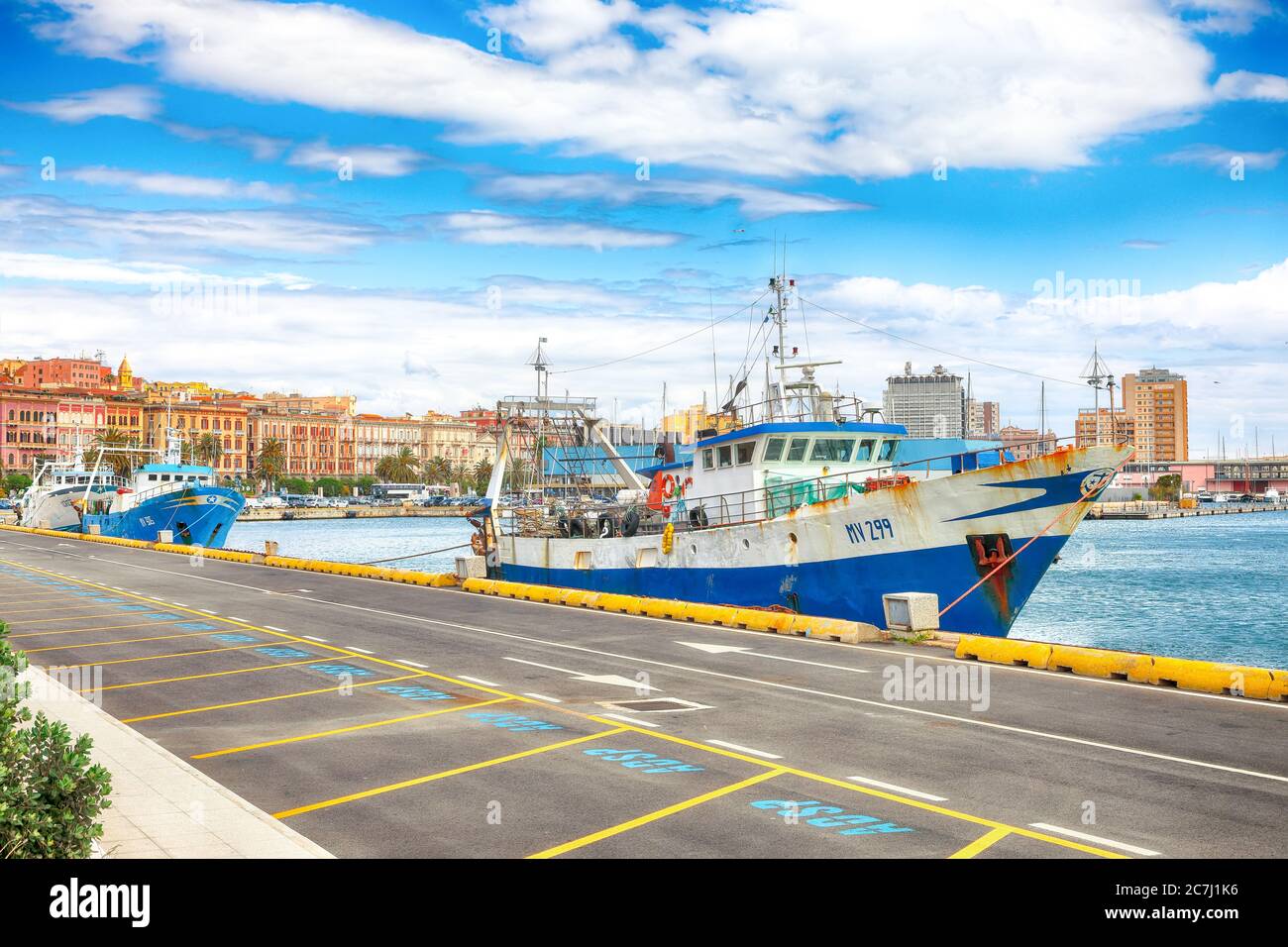 Splendid spring Cityscape with marina and Yachts and boats in town Cagliari. Location: Cagliari, Sardinia, Italy, Europe Stock Photo