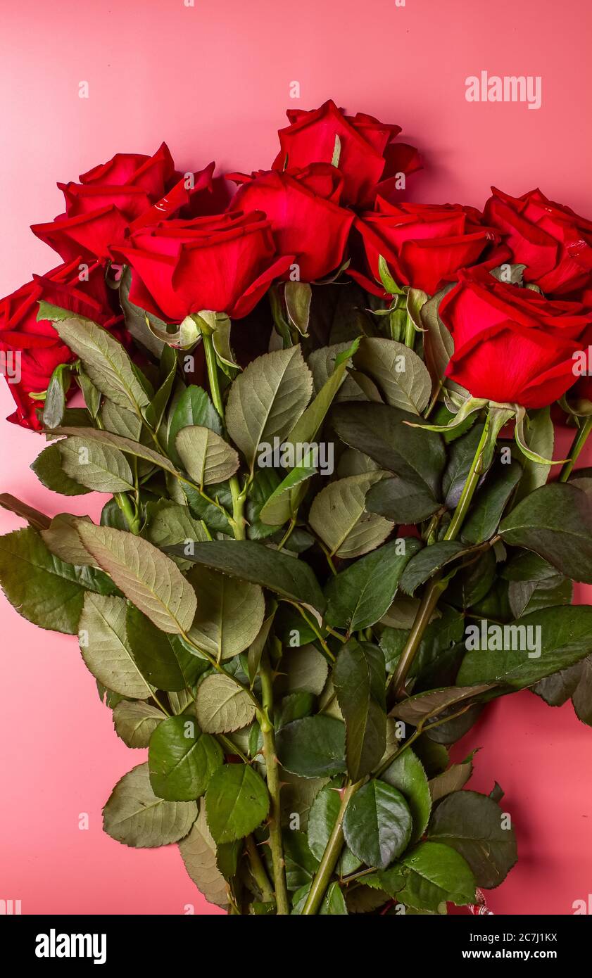 Gift or present box wrapped in kraft paper and roses on blue background. Flat lay styling. Copy space for text. Stock Photo