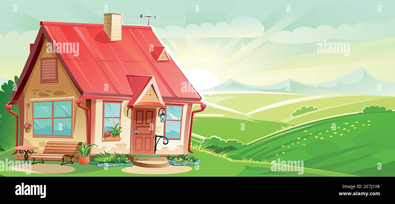 House cartoon landscape vector. Rural. Village Scenery, green hills, sunrise. Countryside Home. Cottage style flat. Summer, spring. Funny, cozy. Skyli Stock Vector