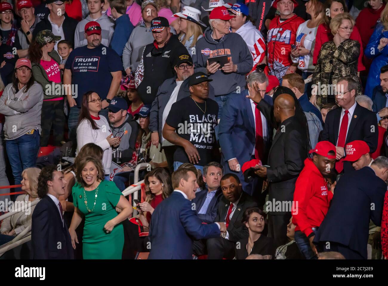 President Trump supporter wearing a Black Lives MAGA shirt at the campaign rally in the Bojangle's Coliseum in Charlotte, North Carolina Stock Photo