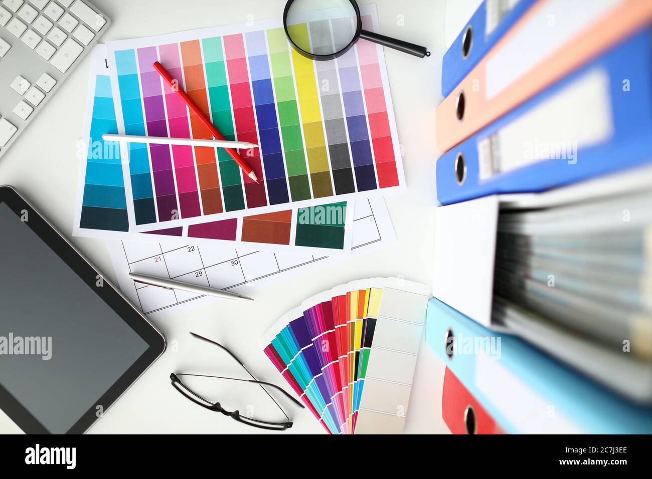 Top view of empty designer workspace with different objects Stock Photo
