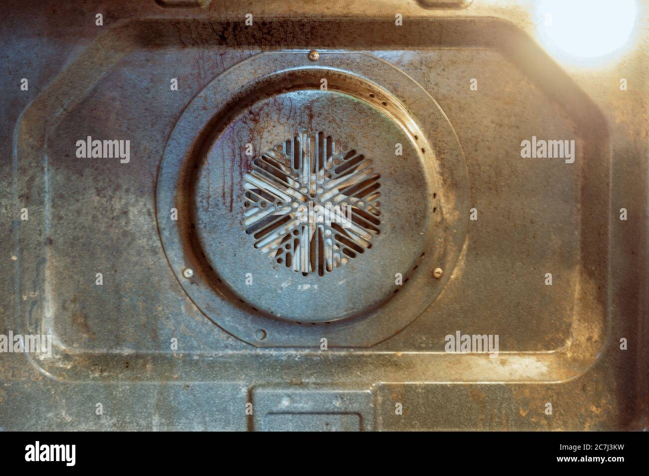 Inside picture of an oven to show burnt food and grease in need of