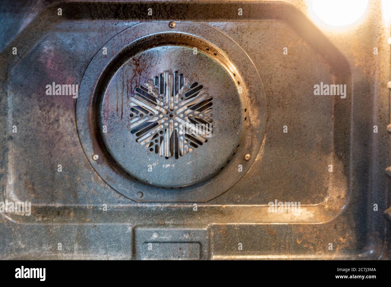 Inside picture of an oven to show burnt food and grease in need of
