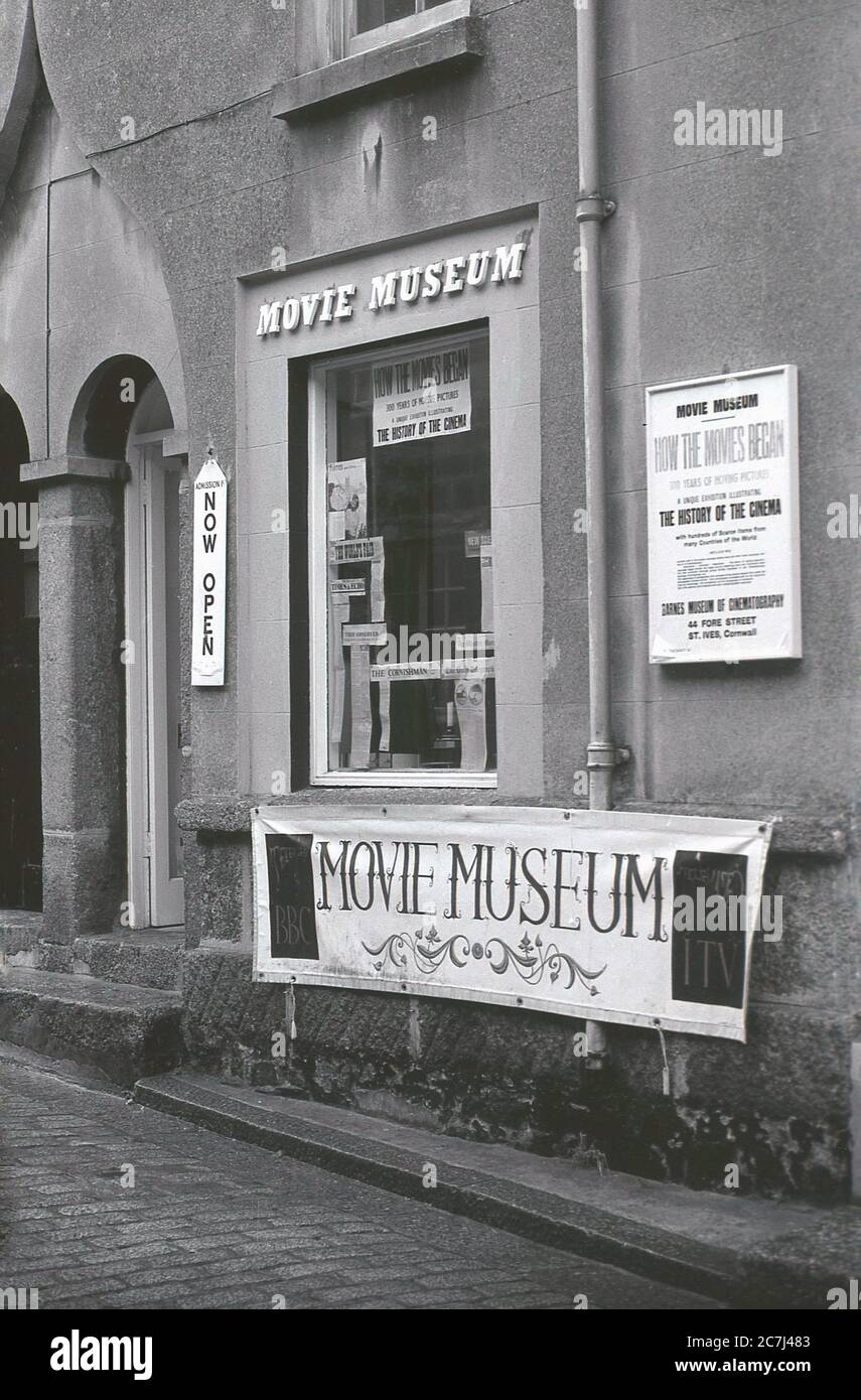 1960, historical, Exterior of the Movie Museum, 44 Fore Street, St. Ives, Cornwall, England, UK, showing the admission price of 1'- to a unique exhibition, illustrating 'The History of the Cinema', entitled, 'How The Movies Began'. Stock Photo