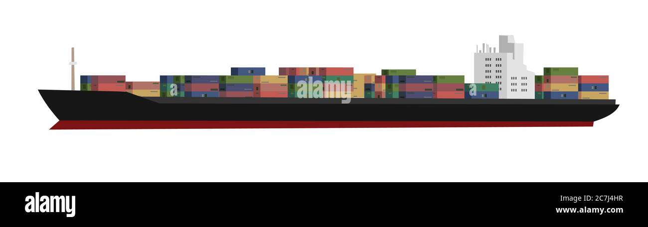 Cargo ship. Vector. Logistics services sea & ocean. Ship transportation containers. Flat cartoon design. Isolated object. Boat Freight. Consignment. Stock Vector