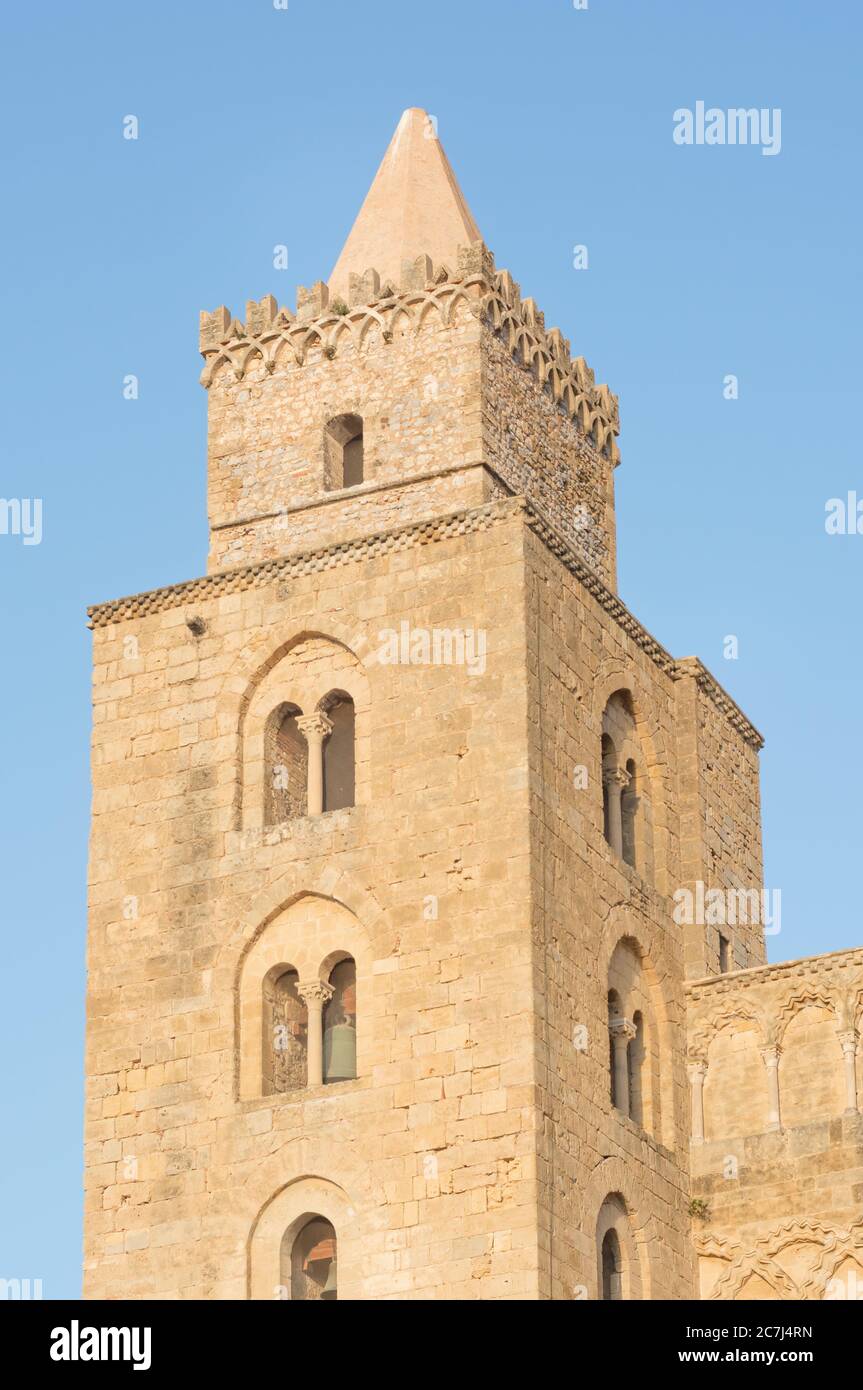 View of the tower of the Cathedral in Cefalu Stock Photo