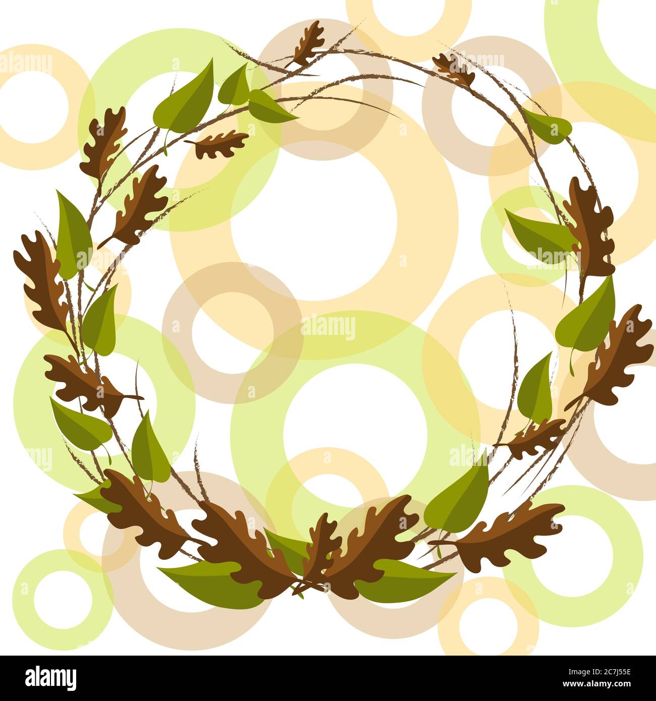wreath green and cinnamon leaves on a white background for the design of postcards, books, a symbol of summer and autumn, natural materials, ecology Stock Vector